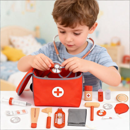 Mini Arztkoffer aus Holz – 14-teiliges Kinder-Doktorspielzeug mit Stethoskop & Blutdruckmessgerät für Rollenspiele ab 3 Jahren