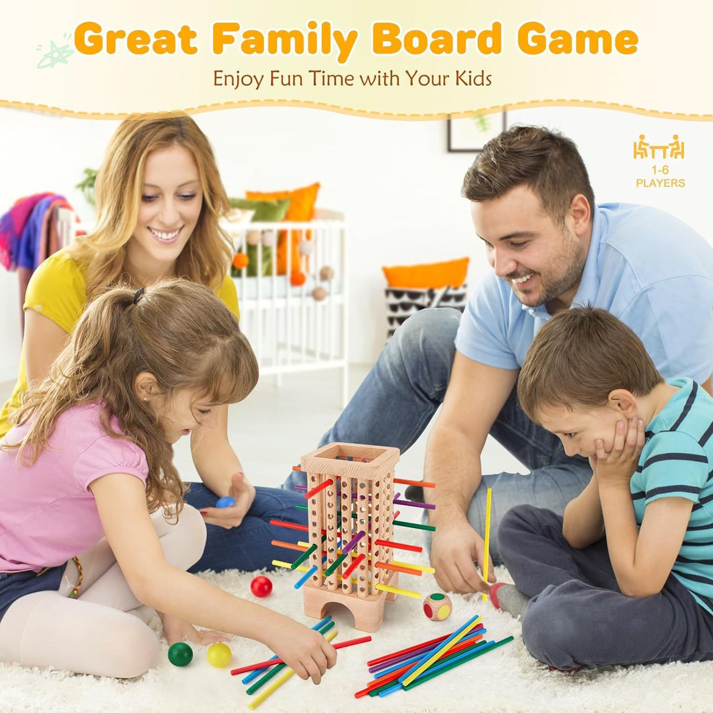 Montessori Holzspiel – Würfel- & Familienspiel mit 42 Holzstäbchen, Feinmotorik Spiel für Kinder ab 3 Jahren (1–6 Spieler)