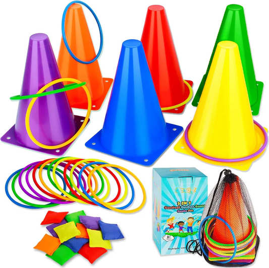 3-in-1 Outdoor Spielzeug Set – Ringwurfspiel, Sitzsäcke & Kegel Spileo