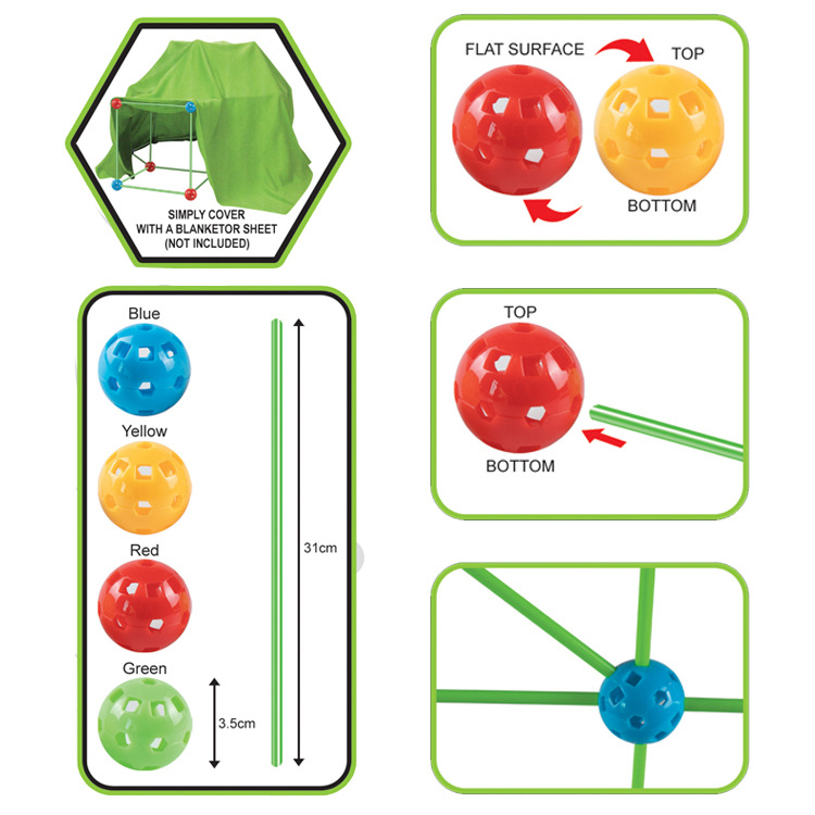Kreatives Montessori Fort Bauset für Kinder – 130 Teile, Leuchtende Stäbe & Kugeln
