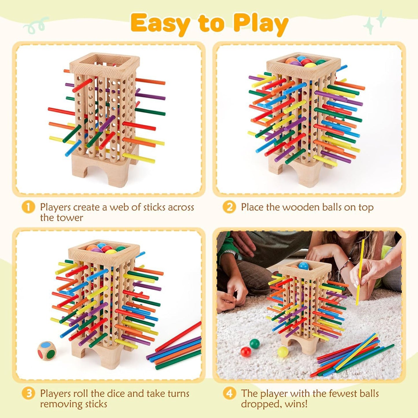 Montessori Holzspiel – Würfel- & Familienspiel mit 42 Holzstäbchen, Feinmotorik Spiel für Kinder ab 3 Jahren (1–6 Spieler)