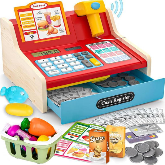 Kinderkasse aus Holz – Spielzeug-Registrierkasse mit Scanner, Soundeffekten & Zubehör für Kinder ab 3 Jahren (Rot/Blau)