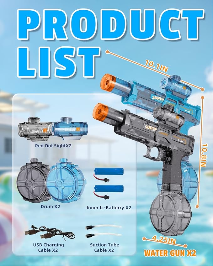 2er-Pack elektrische Wasserpistolen mit LED-Flammeneffekt, wiederaufladbar, Reichweite 8–10 m, ideal für Kinder ab 3 Jahren – perfekt für Sommer, Pool, Strand und Partys