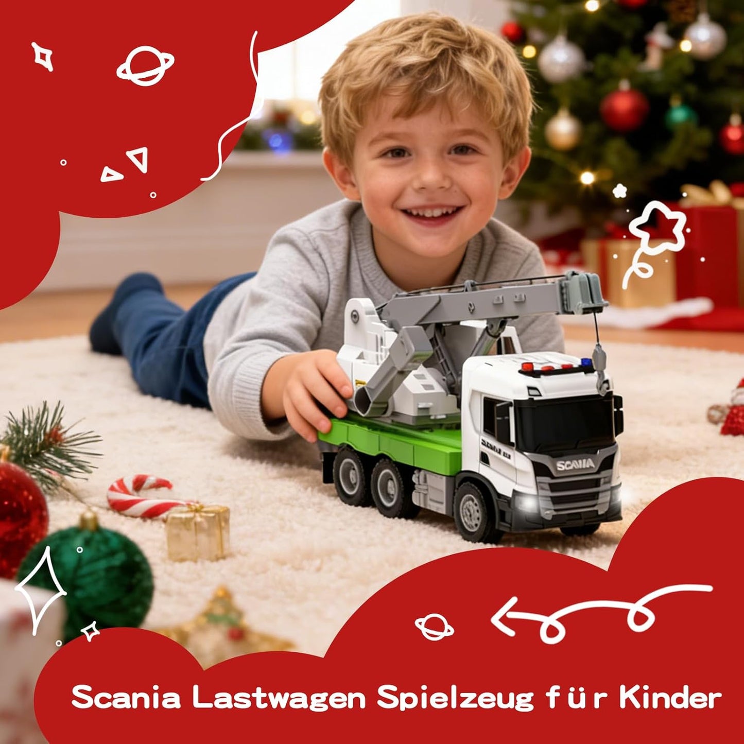 Kranwagen-Spielzeug mit Licht und Sound – 29,3 cm Bausatz-Auto mit ausfahrbarem Kran für Jungen ab 3 Jahren