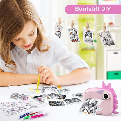 Kinderkamera mit Sofortdruck, 32 GB Speicherkarte, Videofunktion, bunten Stiften und lustigem Zubehör – ideales Geschenk für Mädchen und Jungen ab 3 Jahren (Rosa)