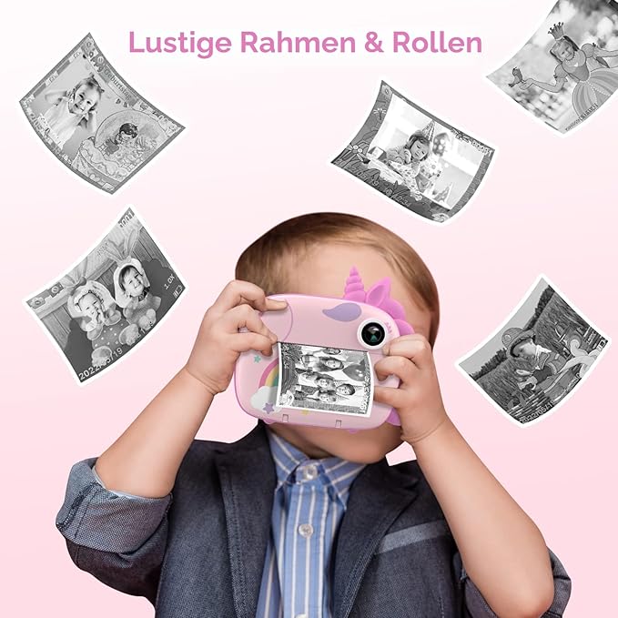 Kinderkamera mit Sofortdruck, 32 GB Speicherkarte, Videofunktion, bunten Stiften und lustigem Zubehör – ideales Geschenk für Mädchen und Jungen ab 3 Jahren (Rosa)