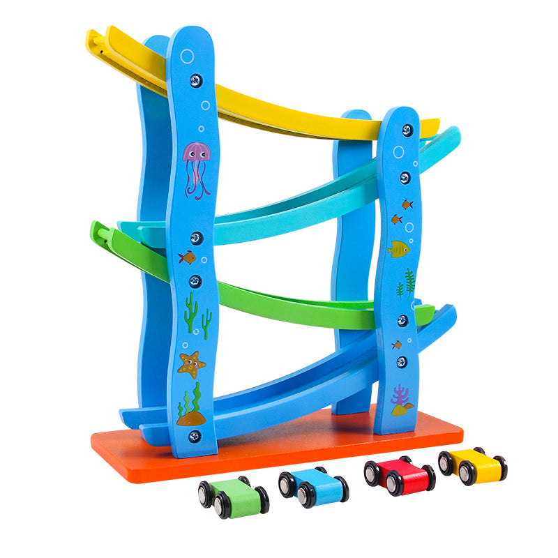 Buntes Holz-Gleitauto mit Rampe – Pädagogische Kinderspielbahn aus Holz mit abgerundeten Ecken für Jungen und Mädchen zur Förderung der geistigen Entwicklung