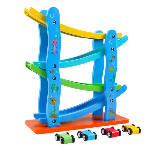 Buntes Holz-Gleitauto mit Rampe – Pädagogische Kinderspielbahn aus Holz mit abgerundeten Ecken für Jungen und Mädchen zur Förderung der geistigen Entwicklung