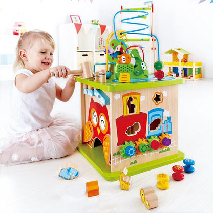 Holz Motorikwürfel Fünfseitig, Montessori Lernspielzeug ab 1 Jahr, Multifunktions Busy Board, fördert Feinmotorik, robust, ideal 1. Geburtstagsgeschenk