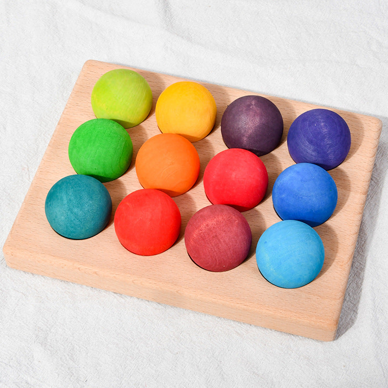 Bunte Holzkugeln zum Zählen, Sortieren und Farben Lernen – Montessori-Spielzeug ab 3 Jahren für Kleinkinder, 12 sensorische Bälle aus Holz