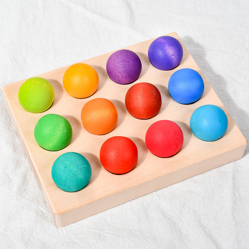 Bunte Holzkugeln zum Zählen, Sortieren und Farben Lernen – Montessori-Spielzeug ab 3 Jahren für Kleinkinder, 12 sensorische Bälle aus Holz