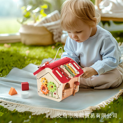 Holz-Steckhaus aus Kiefernholz – 15-teiliges Motorikspielzeug mit 12 Steckbausteinen für Kinder ab 1 Jahr, Maße: 18 x 17,5 x 18 cm