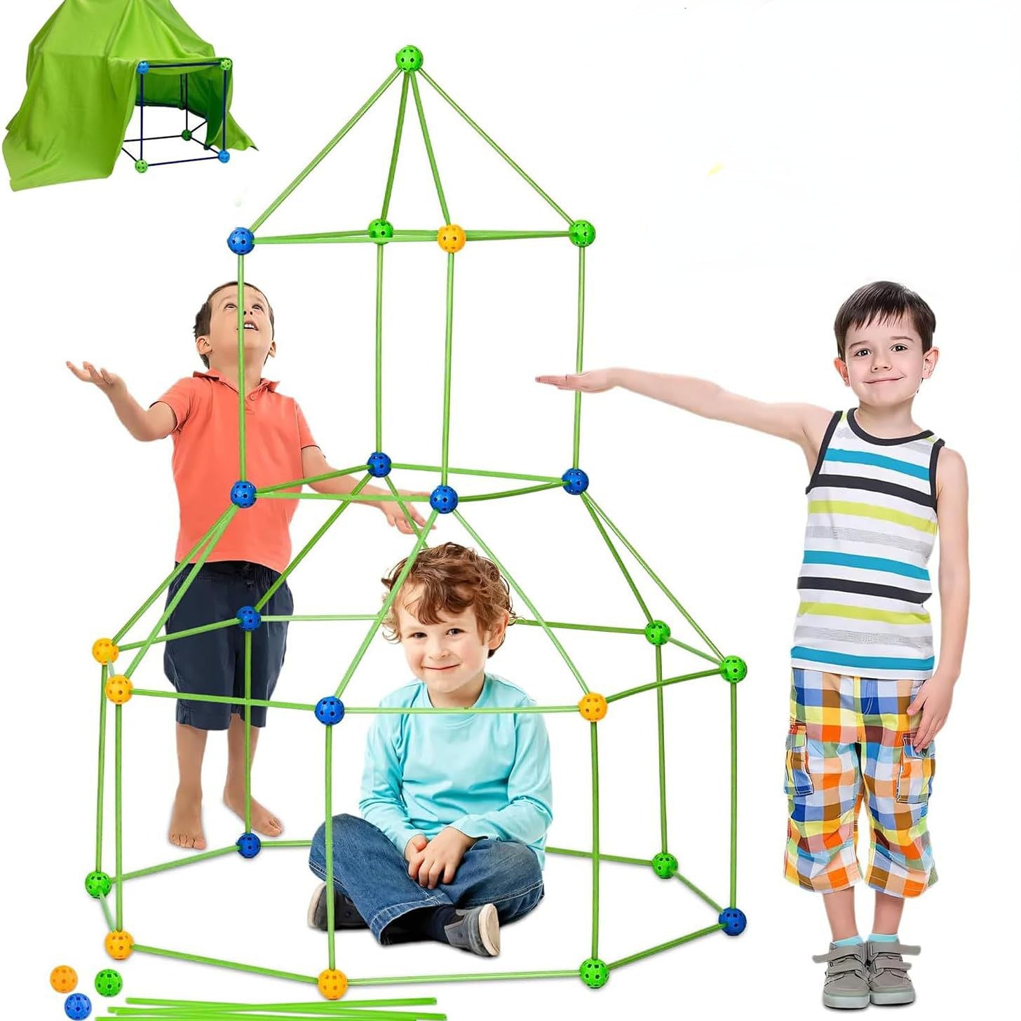 Kreatives Montessori Fort Bauset für Kinder – 130 Teile, Leuchtende Stäbe & Kugeln