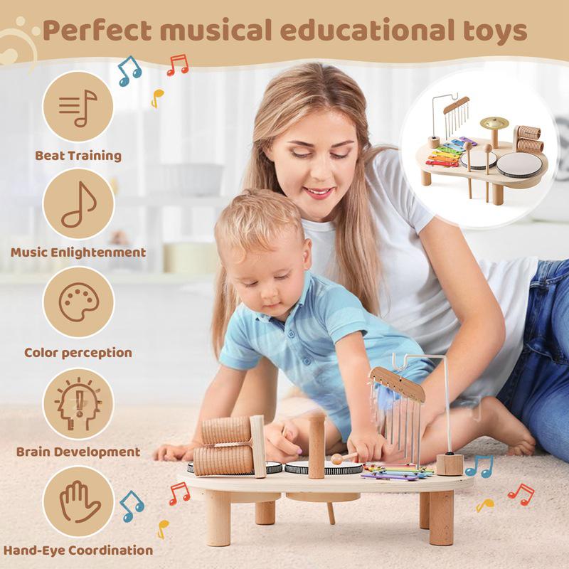 Holz-Montessori-Schlagzeugset ab 3 Jahre – Xylophon, Trommel & Musikinstrumente für Kleinkinder, Lernspielzeug zur musikalischen Früherziehung