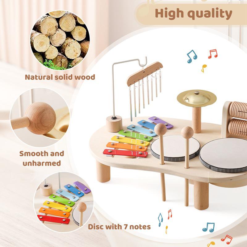 Holz-Montessori-Schlagzeugset ab 3 Jahre – Xylophon, Trommel & Musikinstrumente für Kleinkinder, Lernspielzeug zur musikalischen Früherziehung