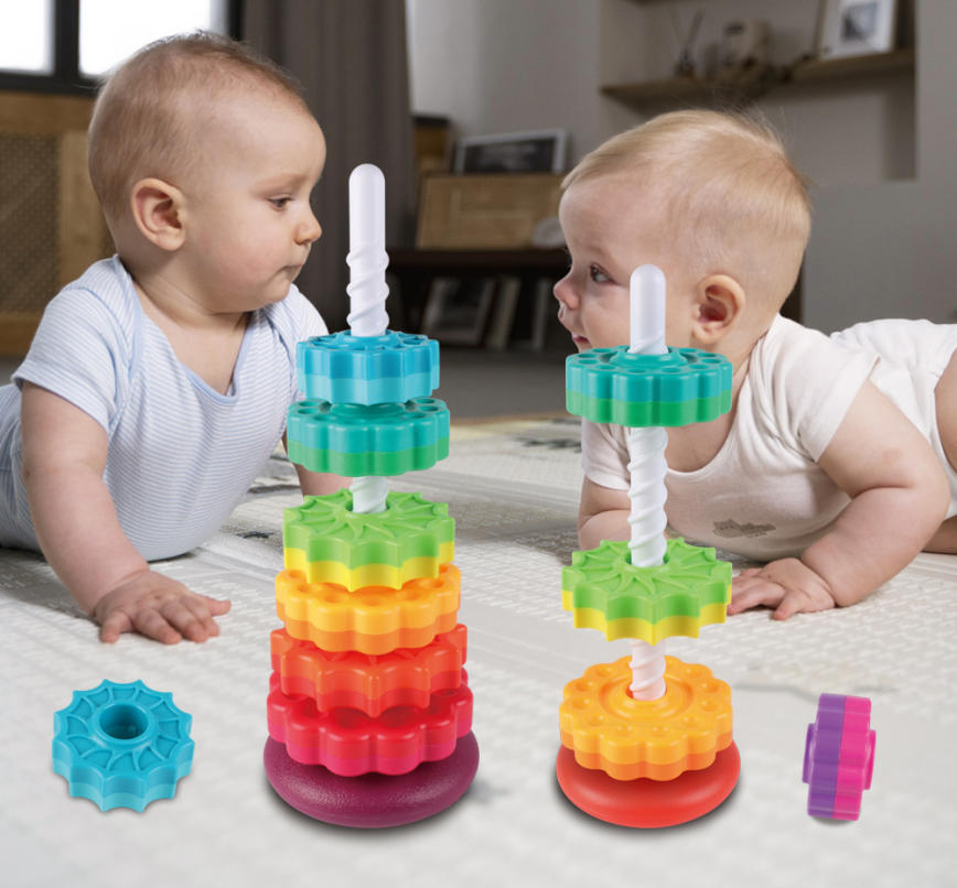 Regenbogen Stapelringe aus Kunststoff – 14-teiliges Spinnspielzeug für Babys ab 6 Monaten, fördert frühes Lernen und motorische Entwicklung