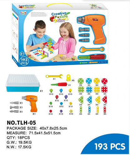 Mosaik-Steckspiel ab 3 Jahren mit elektrischer Bohrmaschine – 224-teiliges Montessori-Werkzeugset für Jungen und Mädchen, kreatives Schraubenspielzeug als Geschenk für 3- bis 4-Jährige
