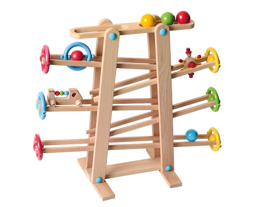 Farbenfrohe Holz-Kugelbahn mit 5 Rollelementen – Langlebiges Lernspielzeug ab 1 Jahr (62 x 24 x 50 cm)