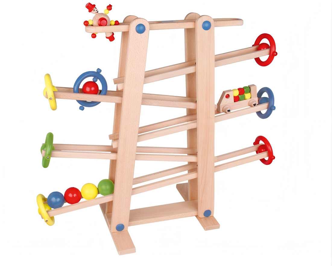 Farbenfrohe Holz-Kugelbahn mit 5 Rollelementen – Langlebiges Lernspielzeug ab 1 Jahr (62 x 24 x 50 cm)