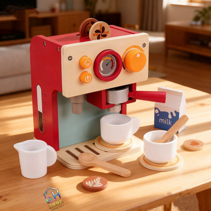 Kinder Kaffeemaschine aus Holz – Spielküchen-Zubehör mit Milchkännchen, pädagogisches Rollenspiel-Set ab 3 Jahren, Montessori-Spielzeug für Jungen und Mädchen