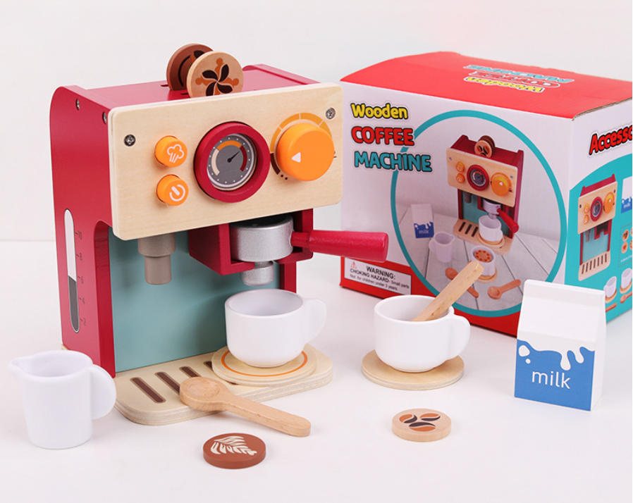 Kinder Kaffeemaschine aus Holz – Spielküchen-Zubehör mit Milchkännchen, pädagogisches Rollenspiel-Set ab 3 Jahren, Montessori-Spielzeug für Jungen und Mädchen